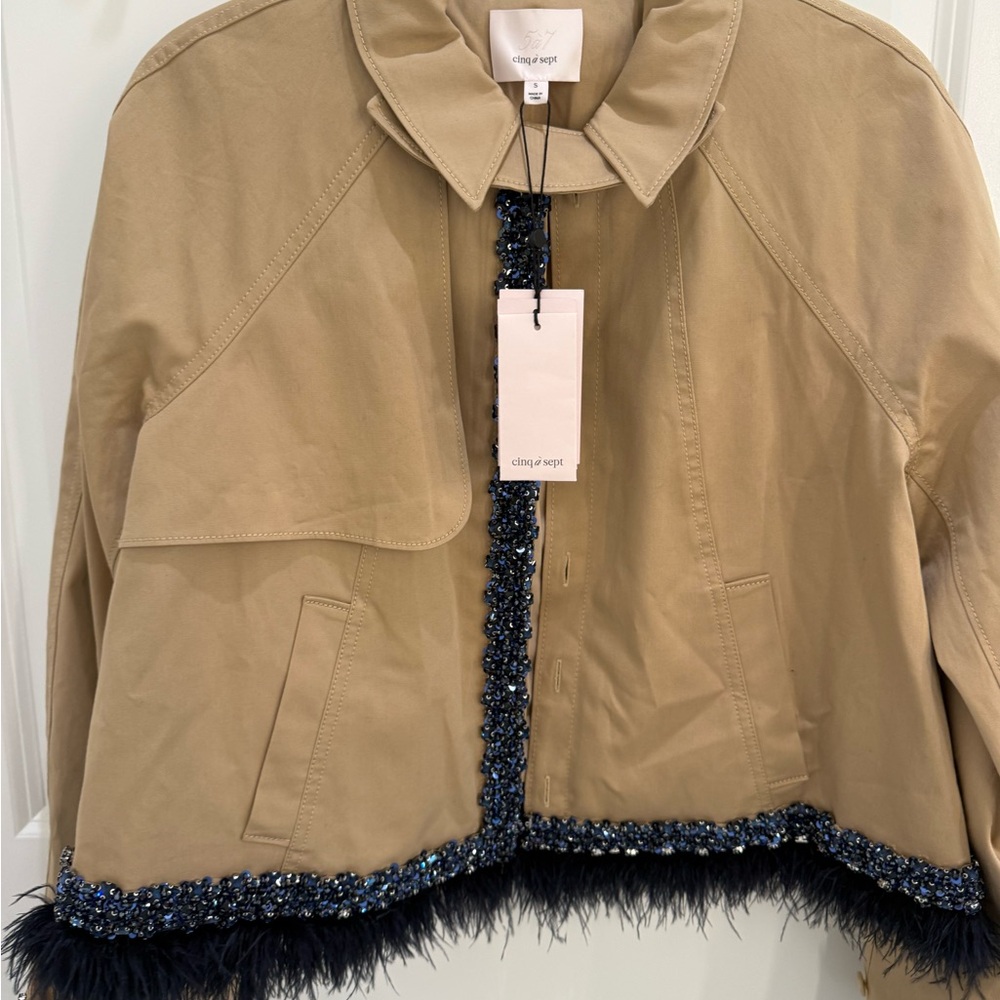 Cinq a Sept Tan Cropped Trench Coat with Navy Embellishments and Feather Trim